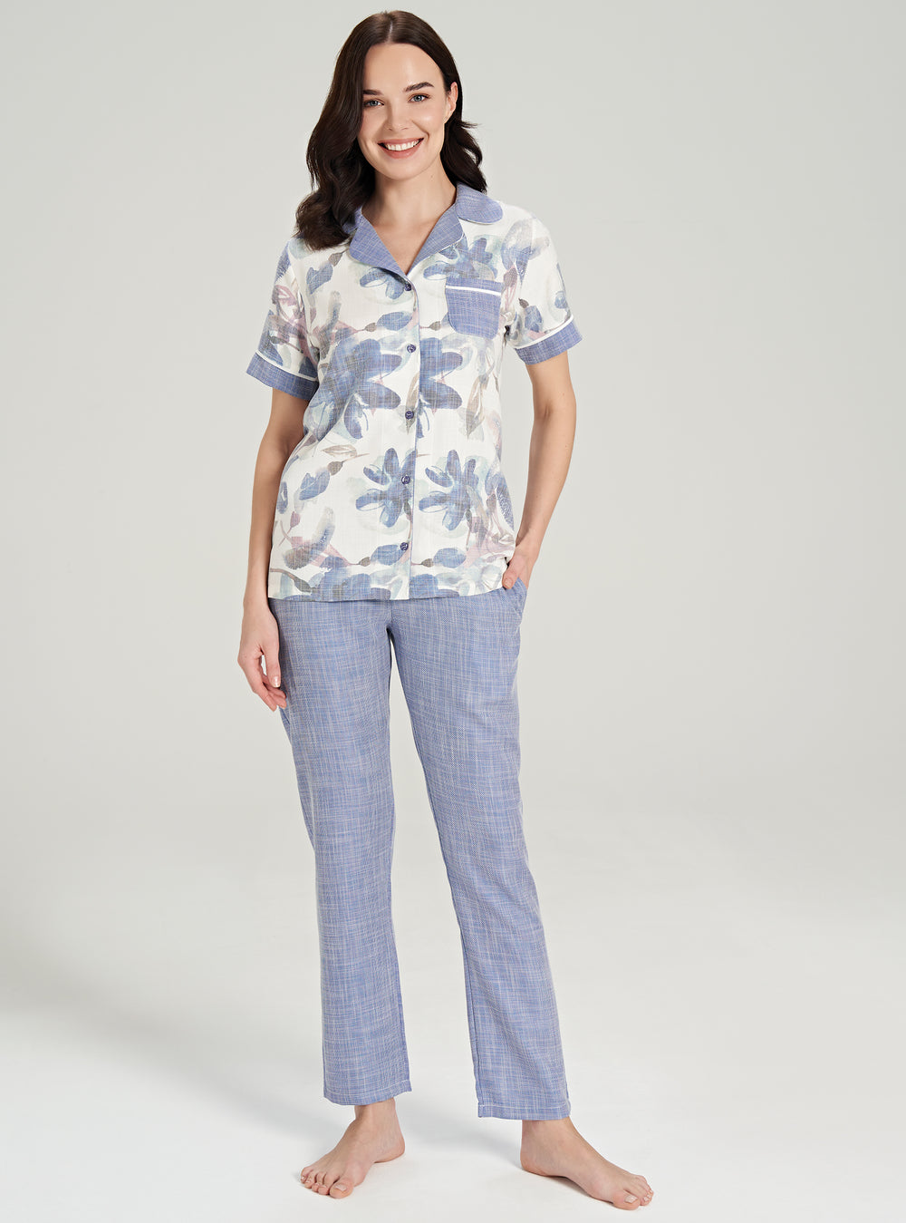 Kurzarm Hemd Pyjama-Set Blumenmuster