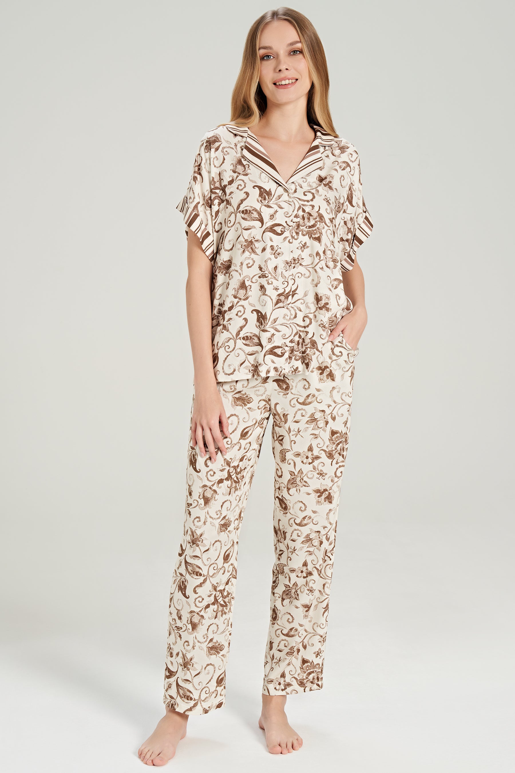 Kurzarm Hemd Pyjama-Set Blumenmuster