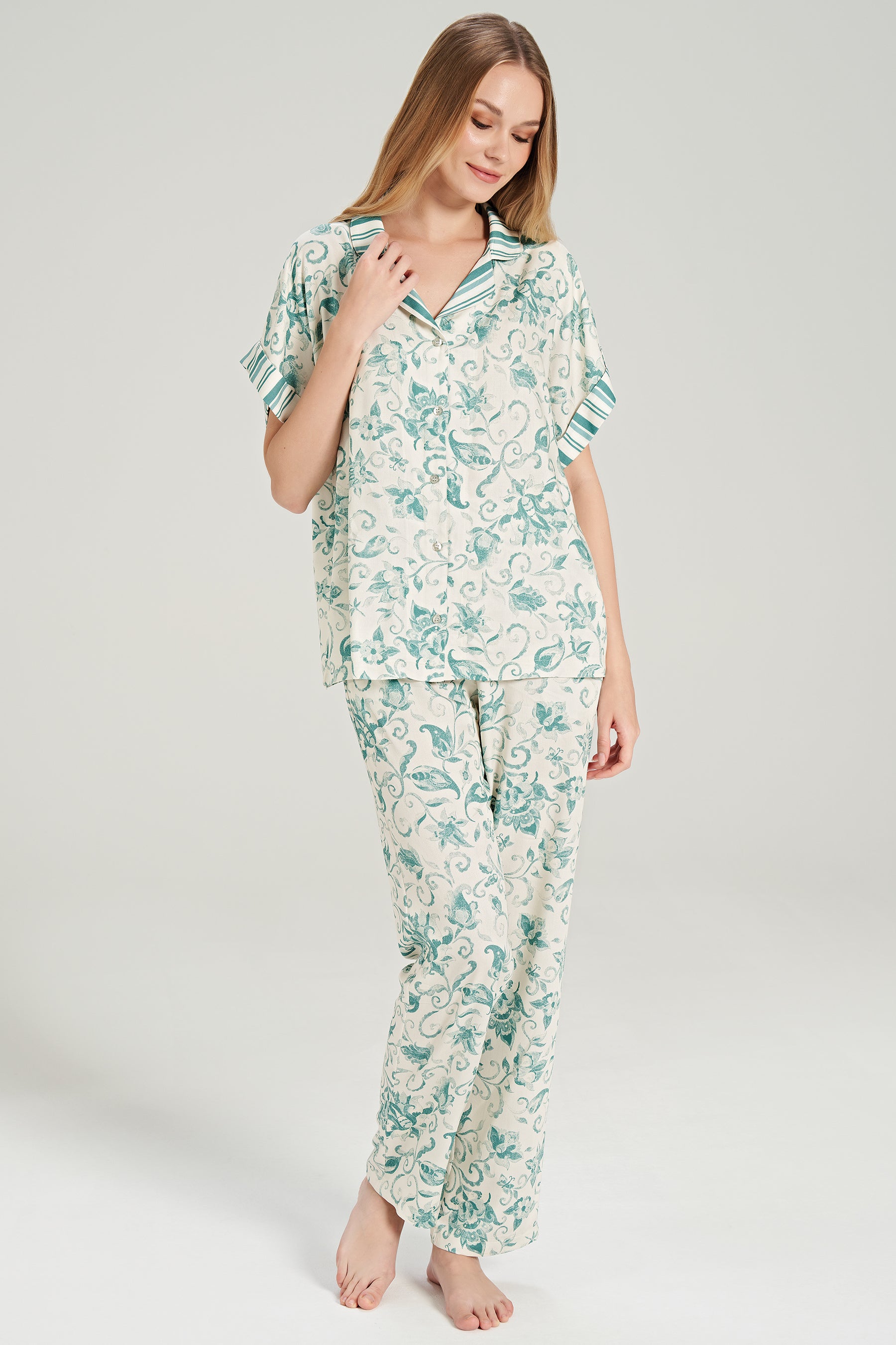 Kurzarm Hemd Pyjama-Set Blumenmuster