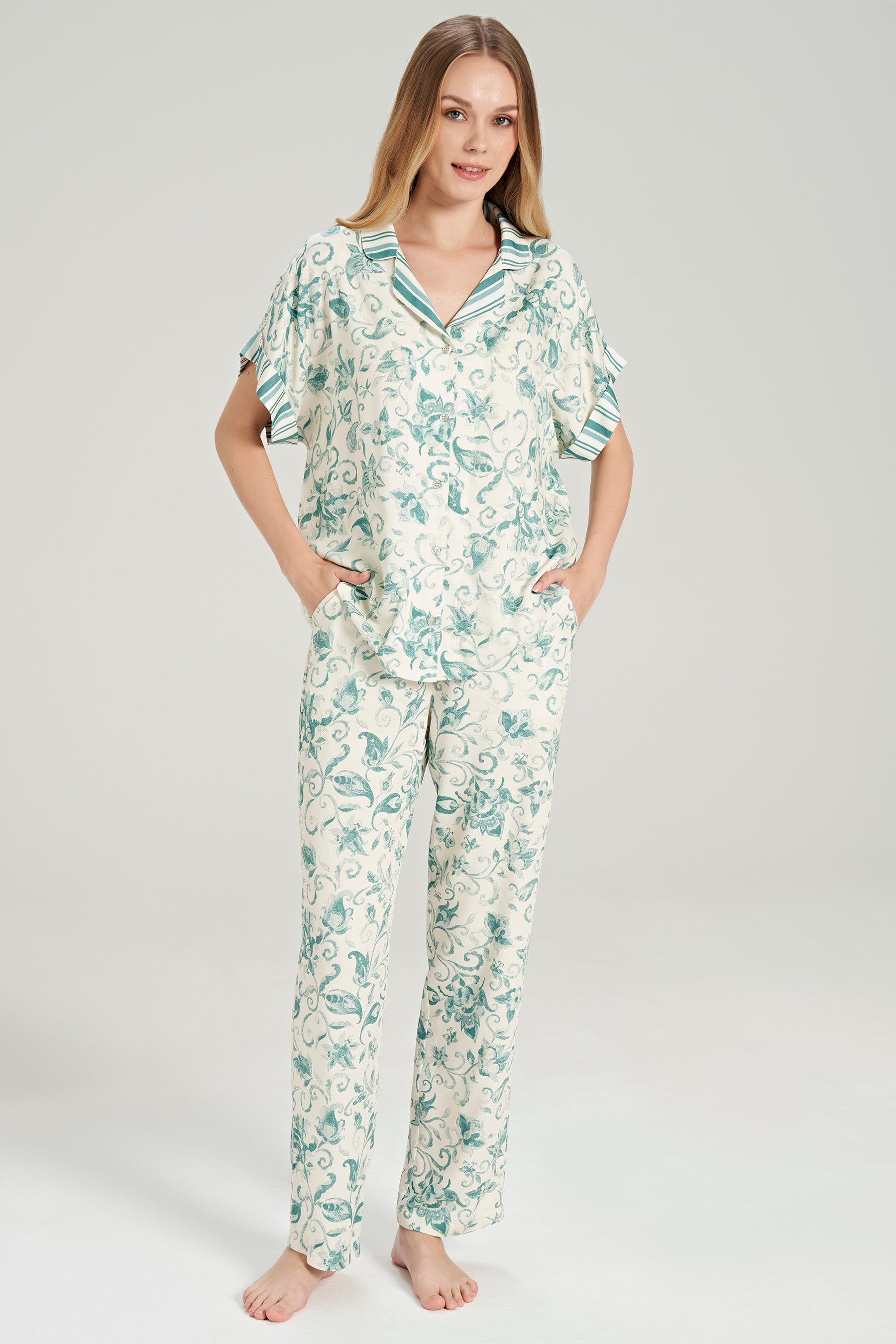 Kurzarm Hemd Pyjama-Set Blumenmuster