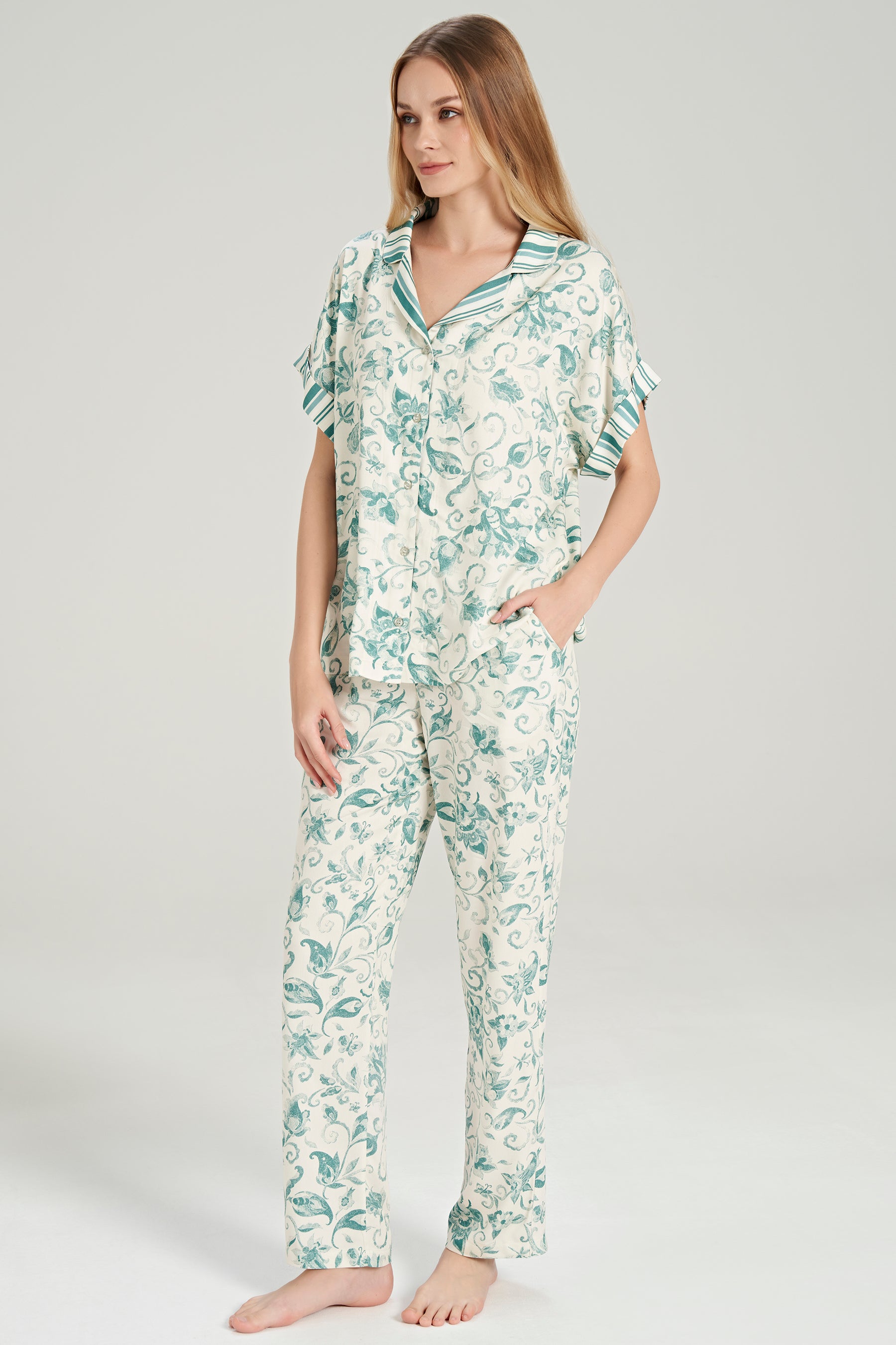 Kurzarm Hemd Pyjama-Set Blumenmuster