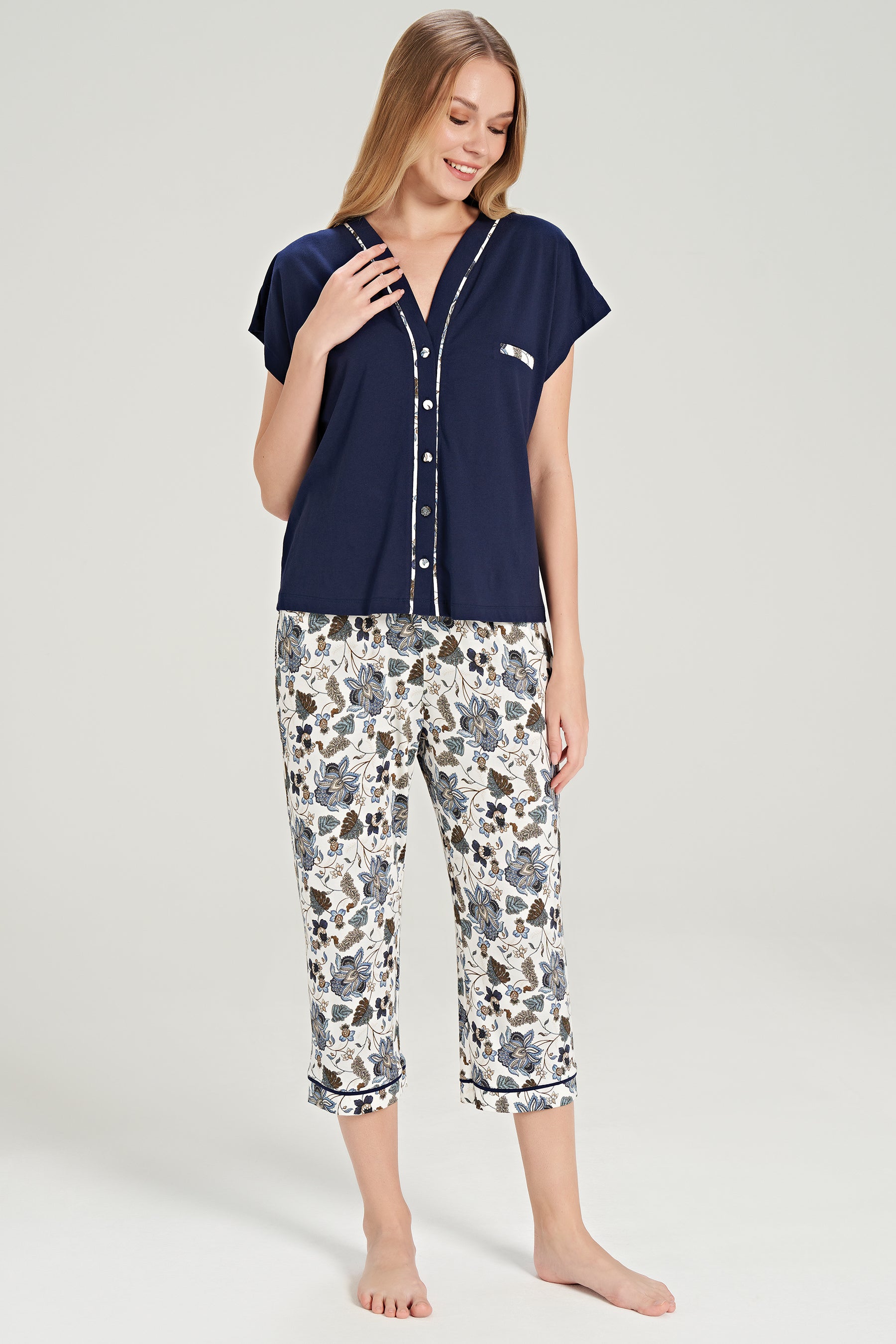 Kurzarm Hemd Pyjama-Set Blumenmuster