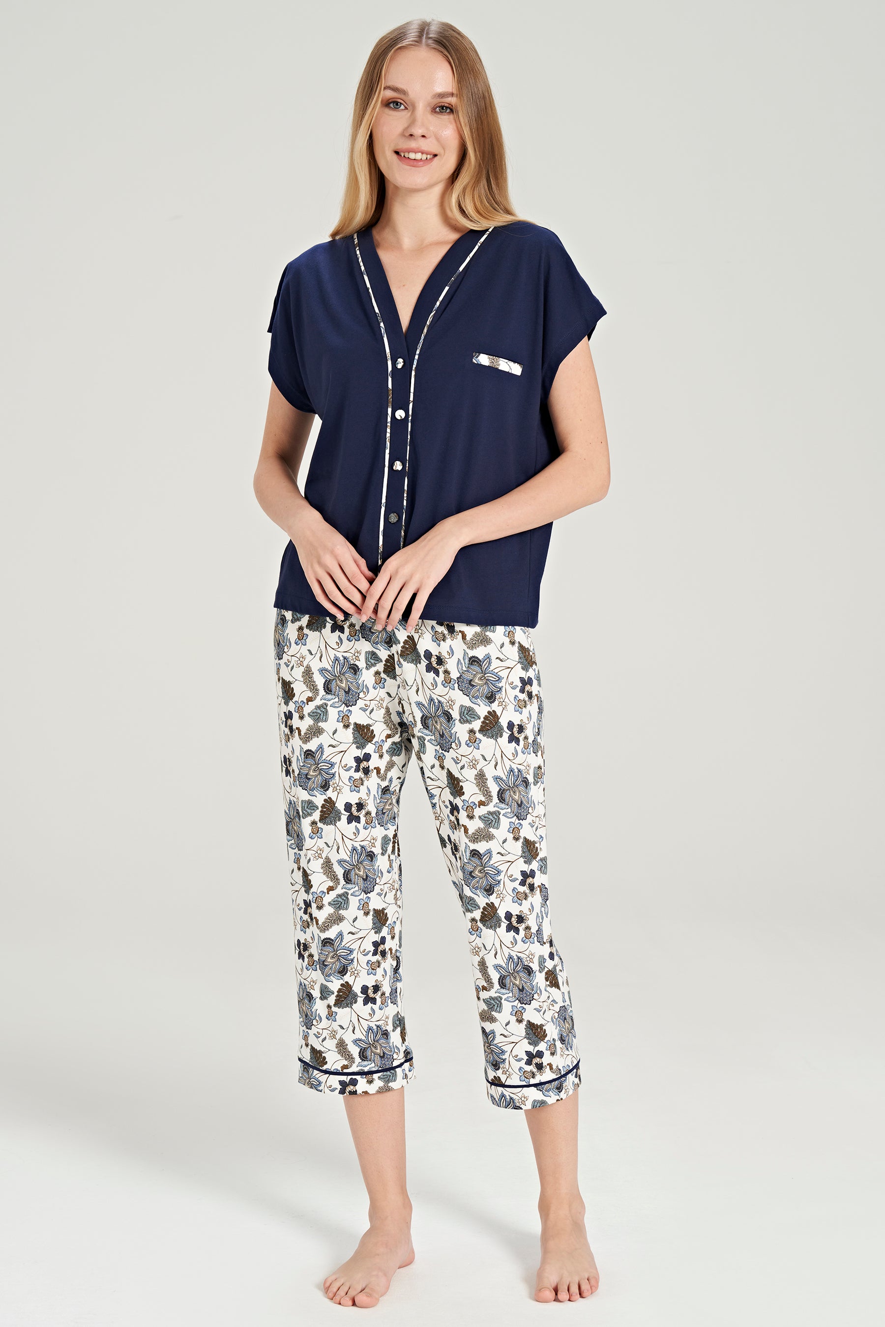 Kurzarm Hemd Pyjama-Set Blumenmuster