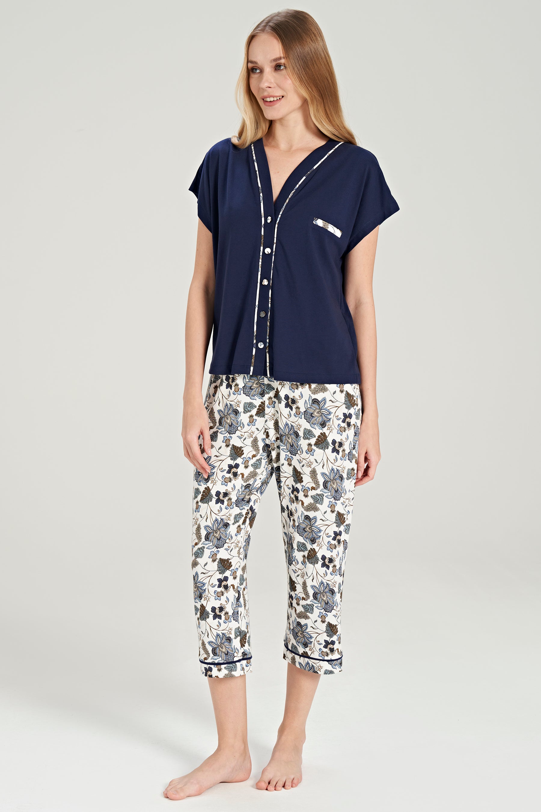 Kurzarm Hemd Pyjama-Set Blumenmuster