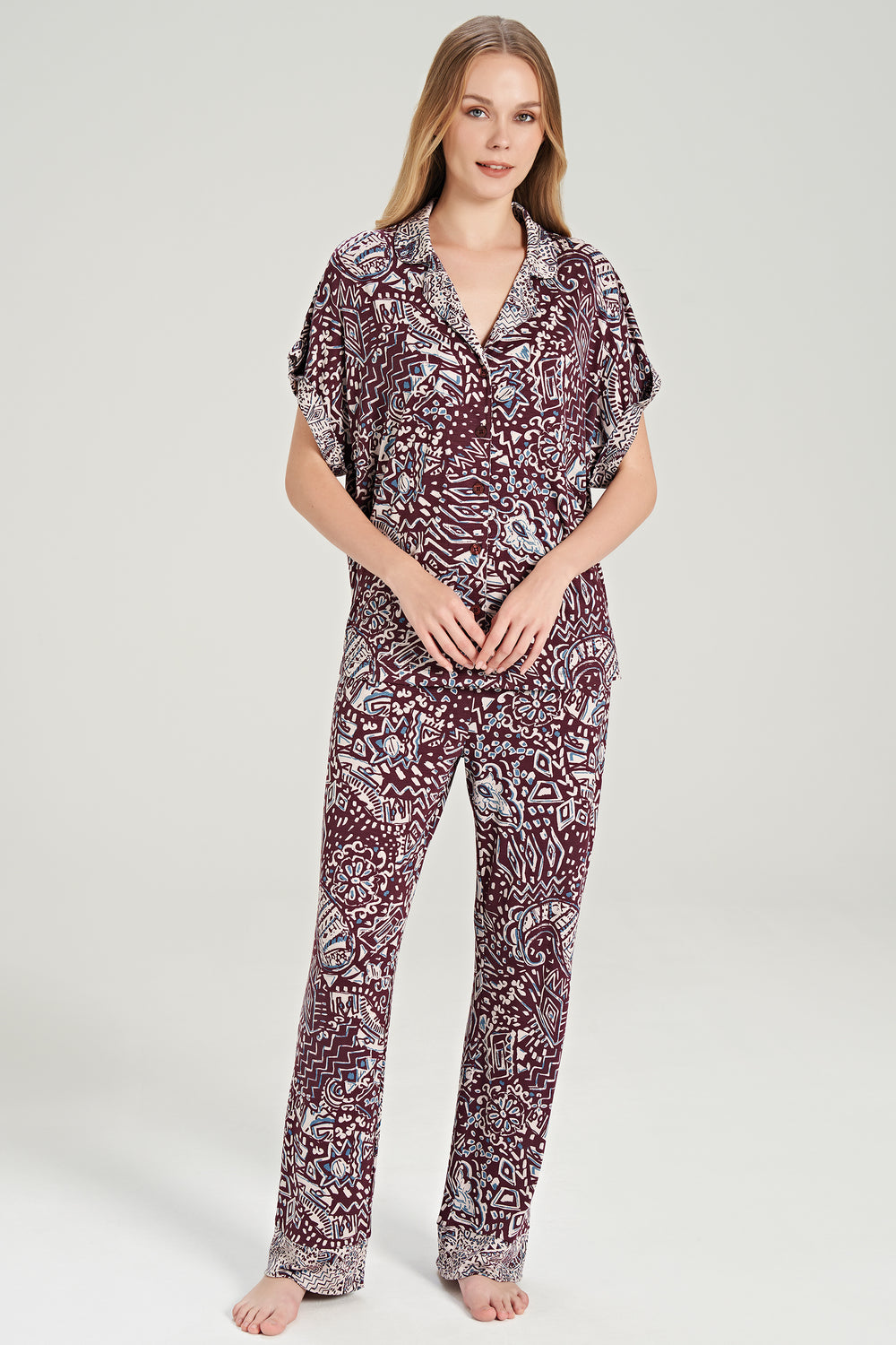 Kurzarm Hemd Pyjama-Set Ethnischmuster