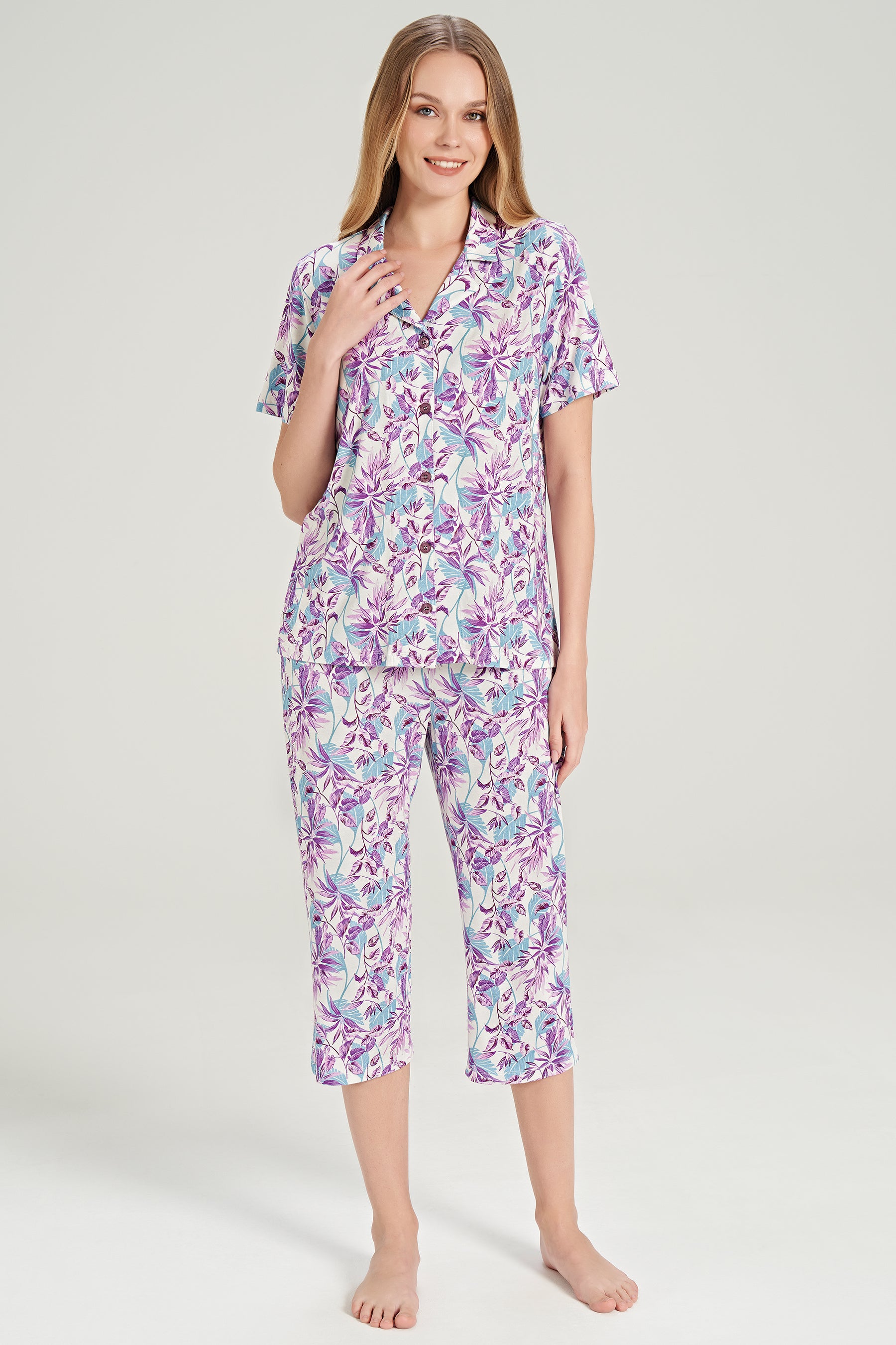 Kurzarm Hemd Pyjama-Set Blattmuster