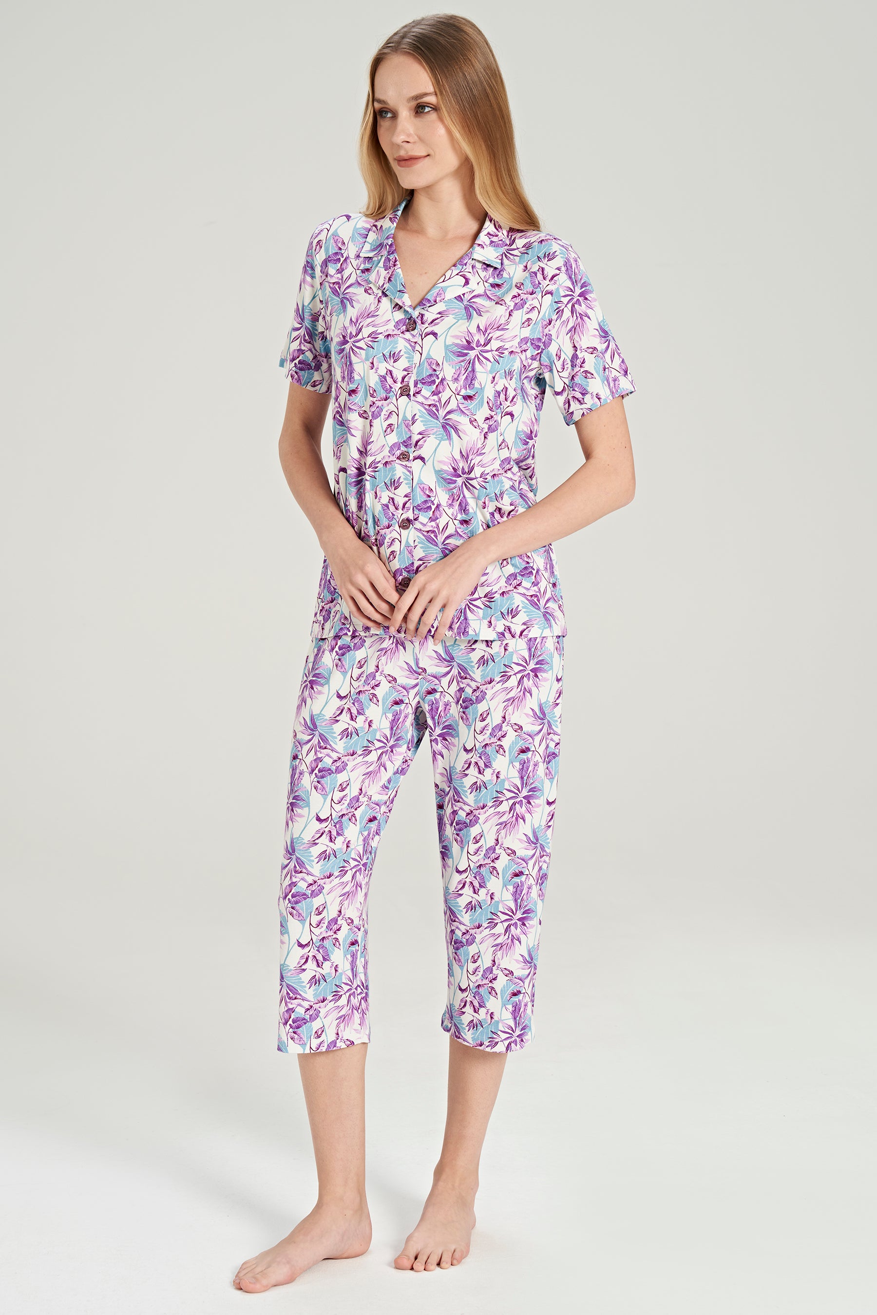 Kurzarm Hemd Pyjama-Set Blattmuster