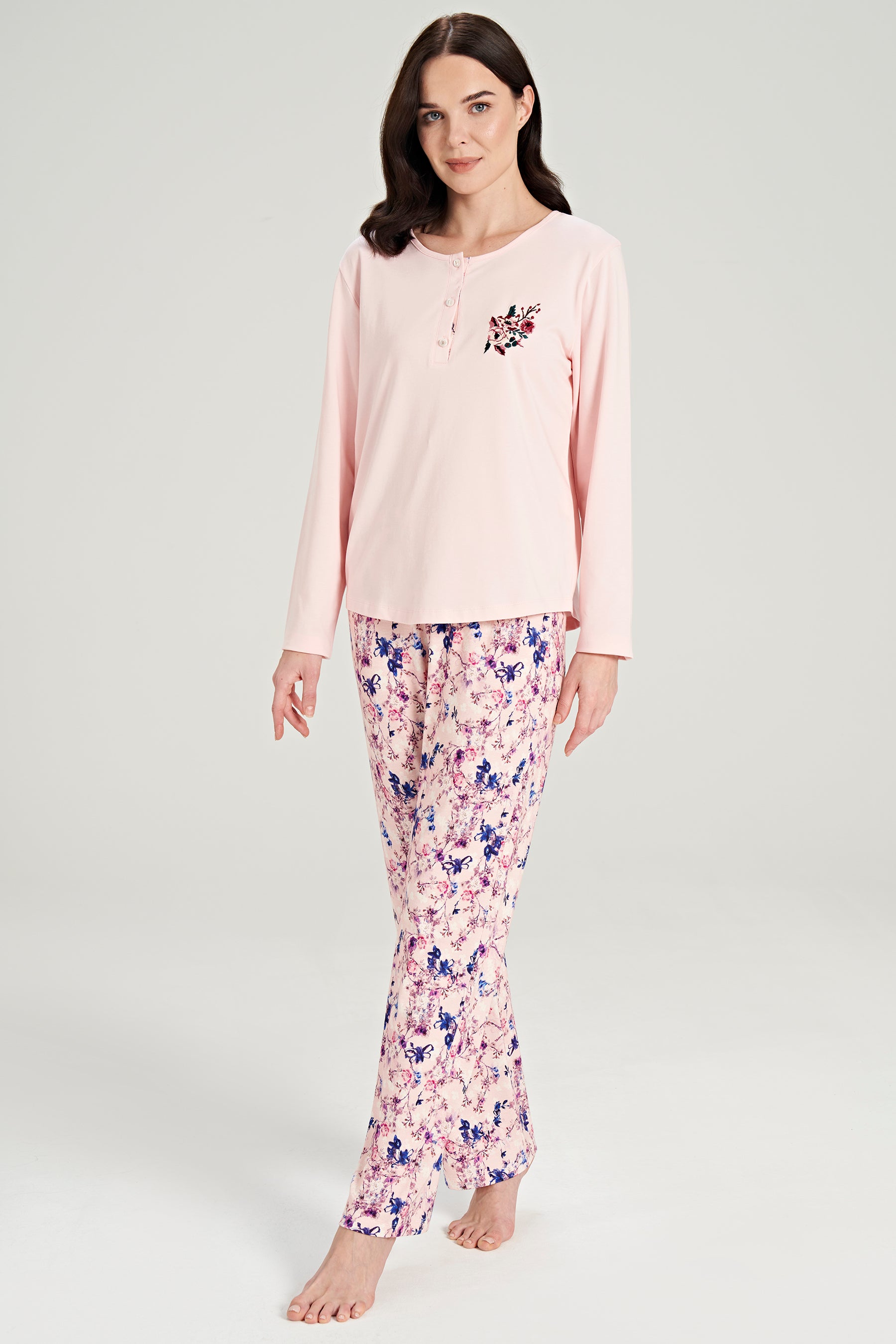 Langarm Pyjama-Set mit Blumen-Stickerei