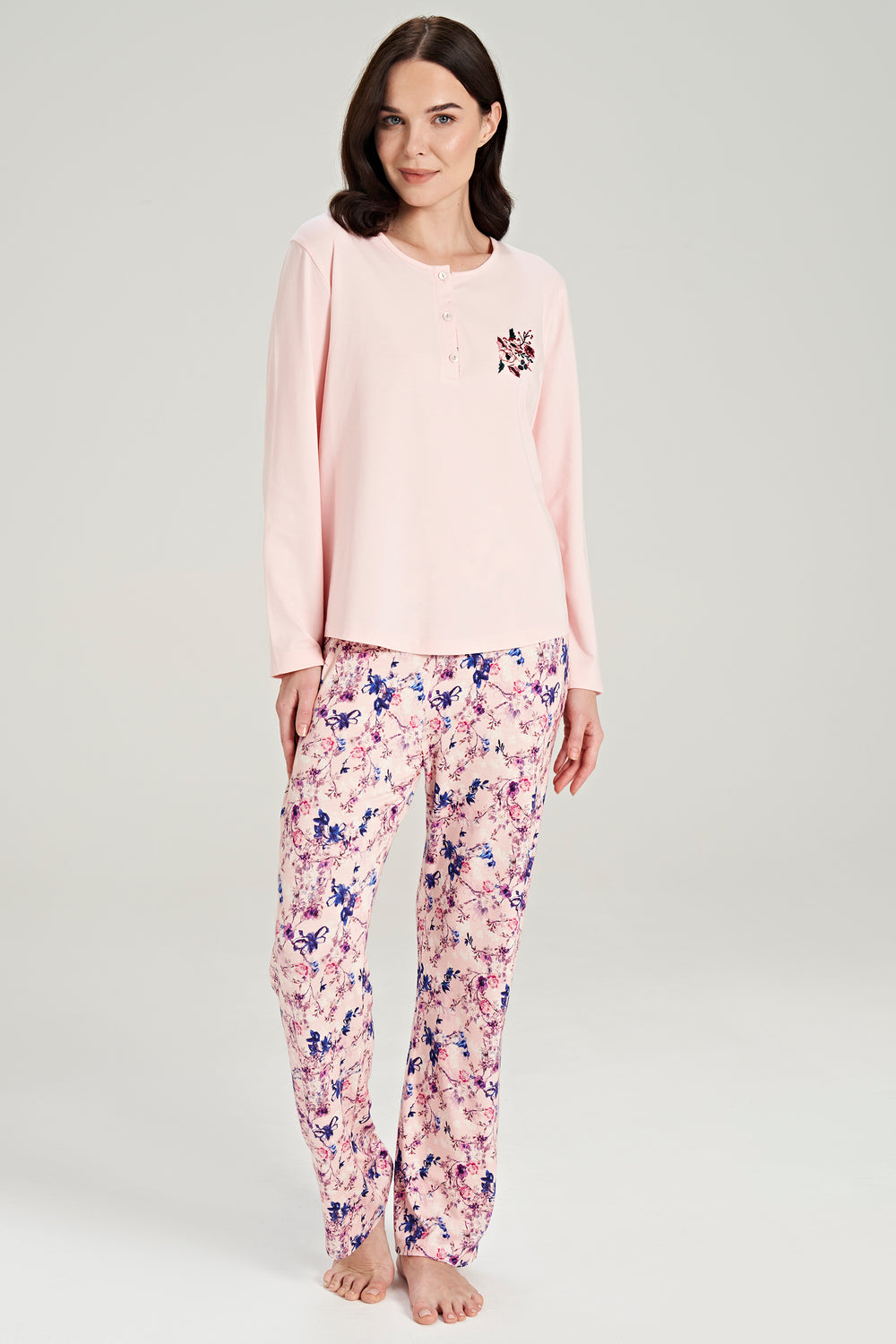 Langarm Pyjama-Set mit Blumen-Stickerei