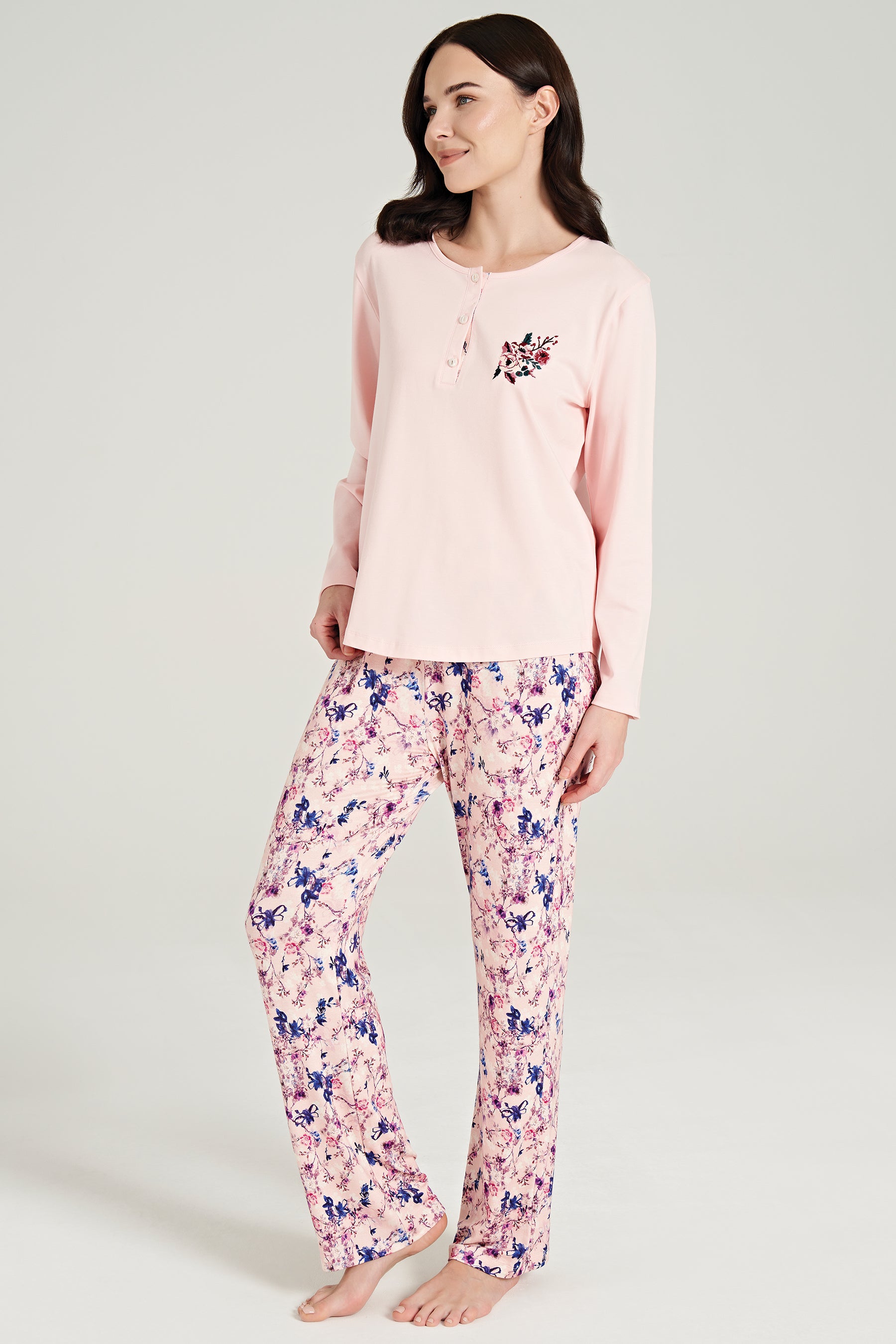 Langarm Pyjama-Set mit Blumen-Stickerei