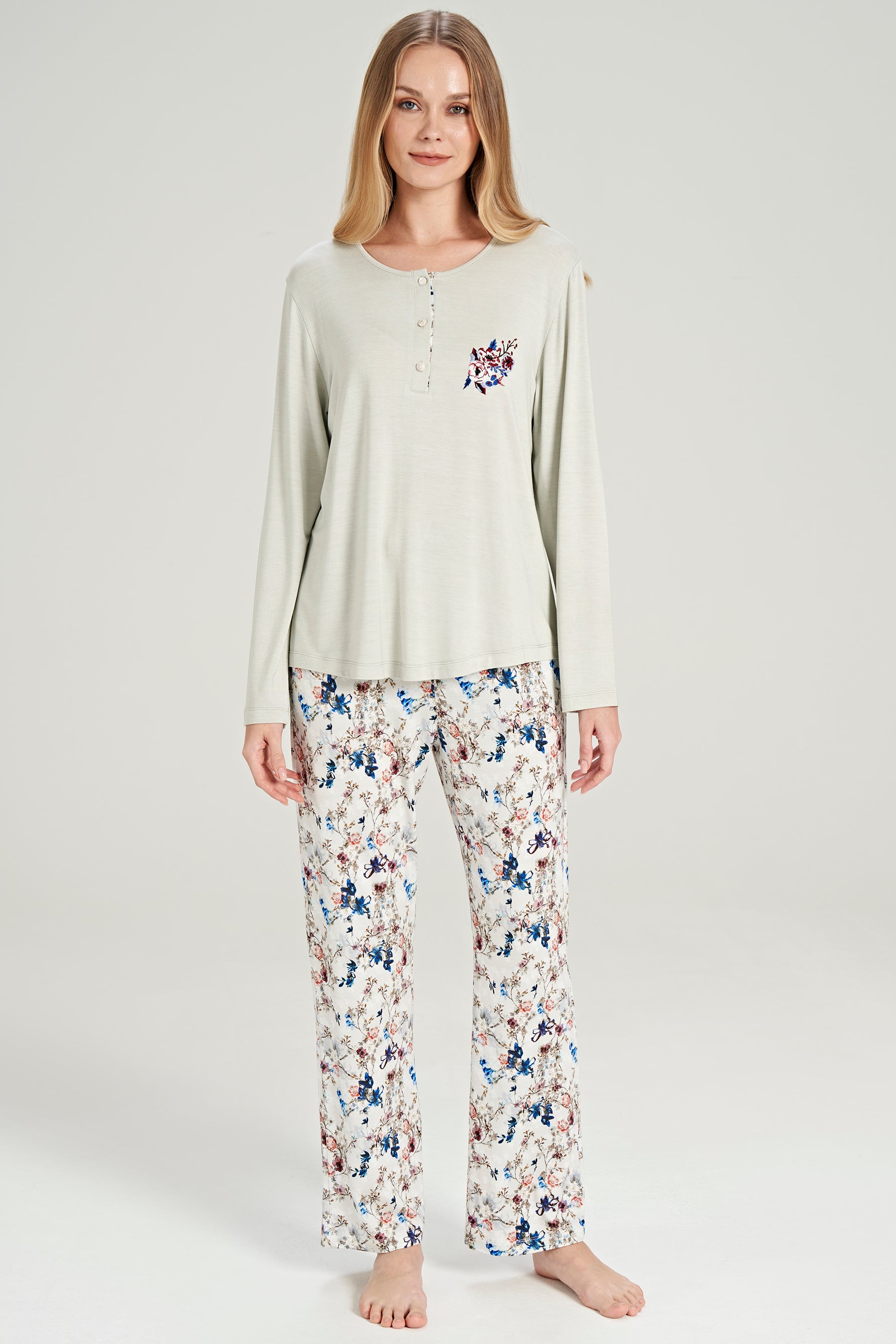 Langarm Pyjama-Set mit Blumen-Stickerei