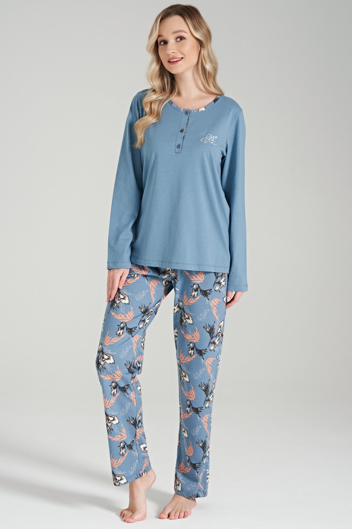 Langarm Pyjama-Set mit Blumen-Stickerei