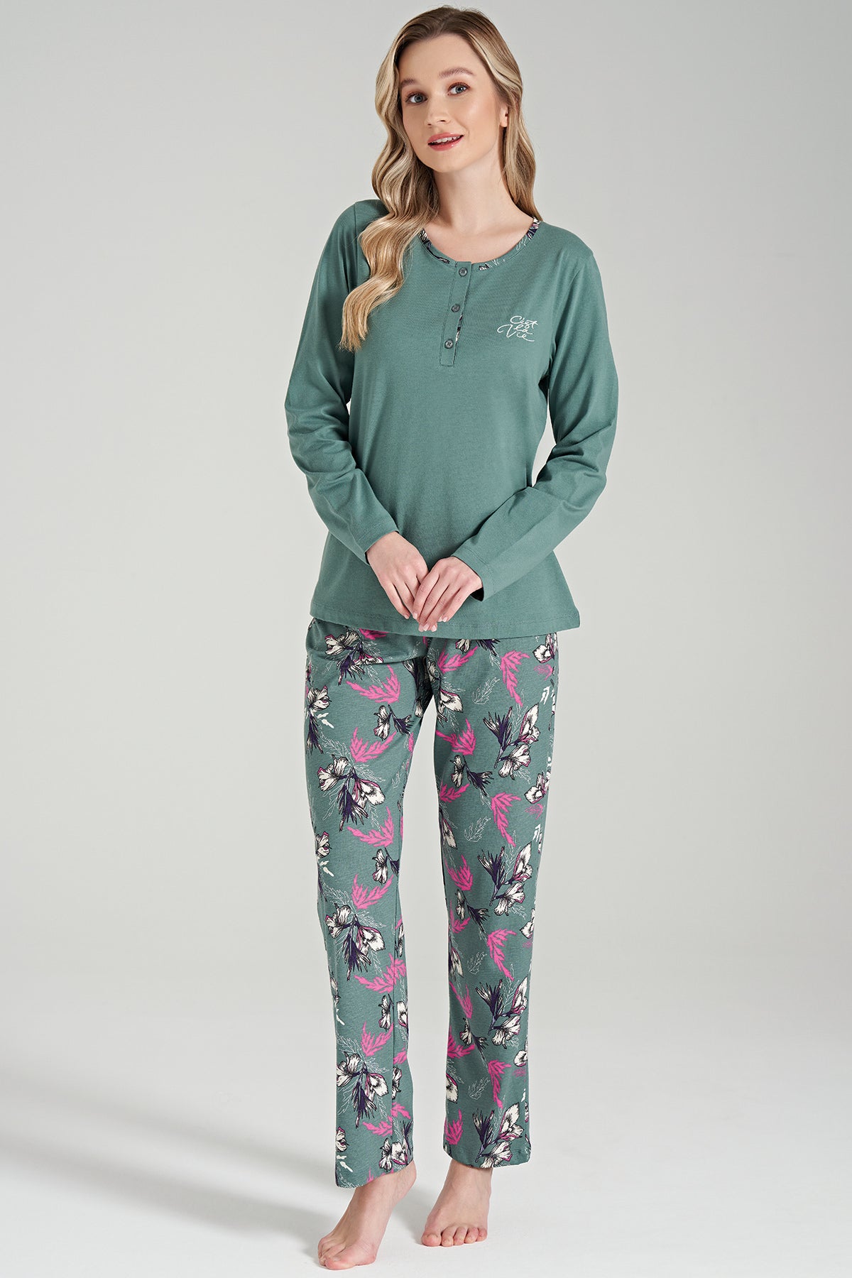 Langarm Pyjama-Set mit Blumen-Stickerei