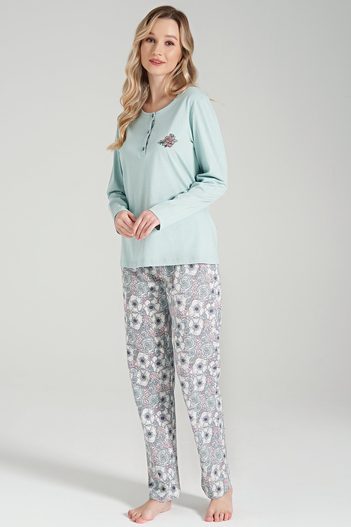 Langarm Pyjama-Set mit Blumen-Stickerei